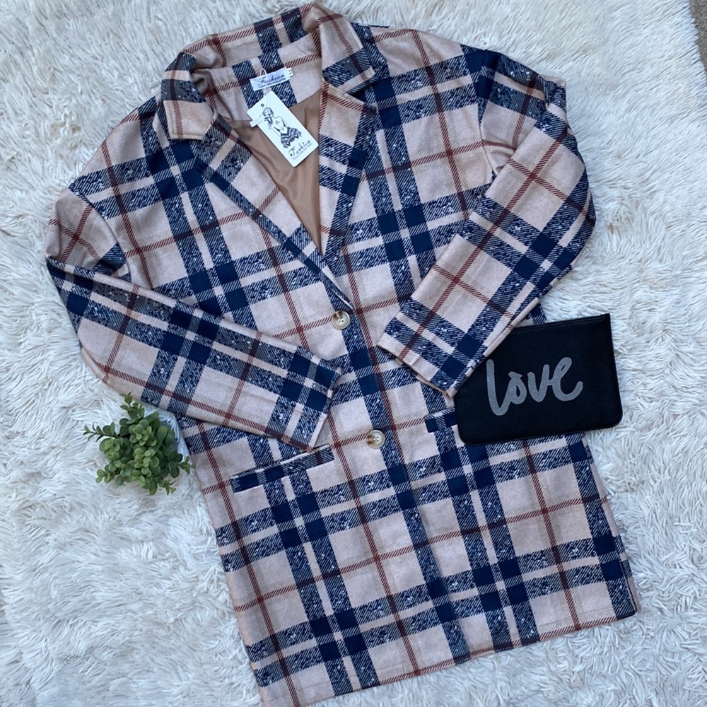 🎉2X HP🎉 Fashion Plaid Coat 💗 Tan Navy & Burgundy